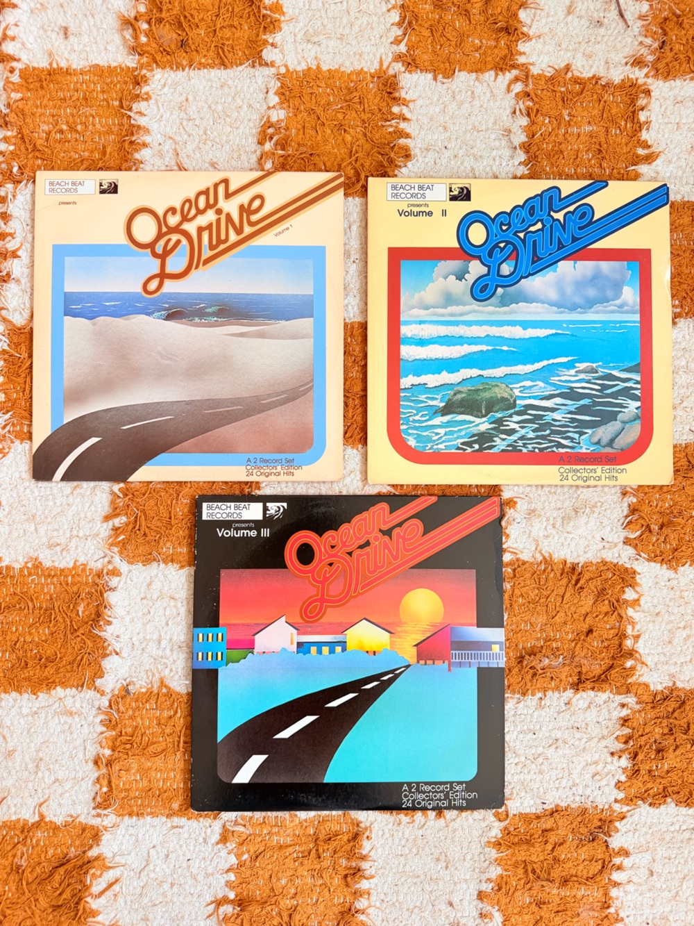 Set of 3 Ocean Drive Vinyl Record Set Retro  Vintage Beach Wave Cover Art Music